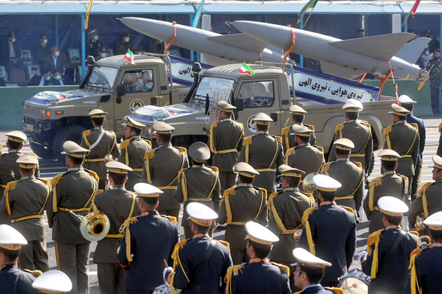 This handout photo provided by the Iranian army on Monday shows missiles on display during a military parade marking the country's annual army day in the capital Tehran (AFP photo)