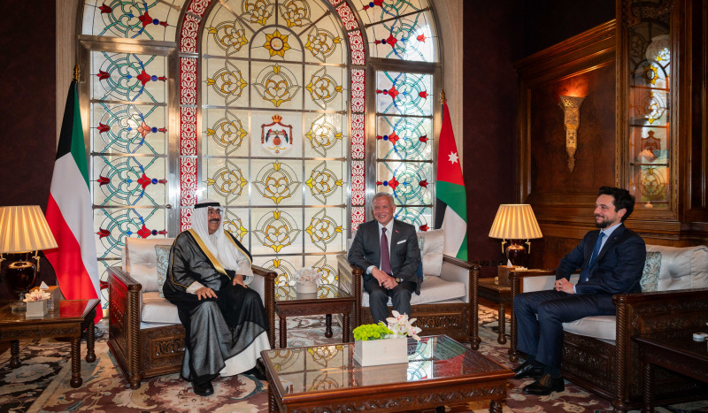 His Majesty King Abdullah and Kuwait Emir Sheikh Meshal Al Ahmad Al Jaber Al Sabah on Tuesday hold talks followed by expanded ones at Basman Palace, attended by HRH Crown Prince Hussein, where they reaffirmed their pride in the deep-rooted relations between the two countries and peoples  (Photo courtesy of Royal Court)