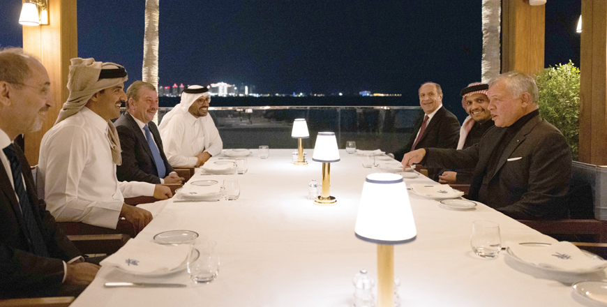 His Majesty King Abdullah meets with Qatar Emir Sheikh Tamim Bin Hamad Al Thani in Doha on Wednesday (Photo courtesy of Royal Court)