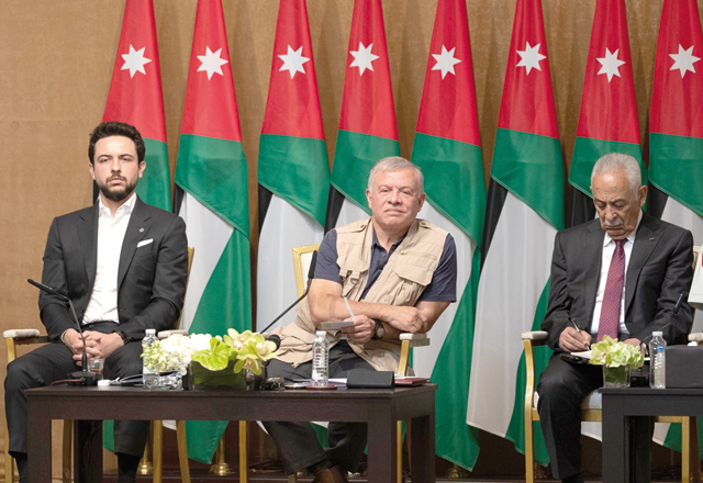 His Majesty King Abdullah during a meeting with a number of local community leaders in Ajloun, attended by HRH Crown Prince Hussein, on Tuesday (Photo courtesy of Royal Court)
