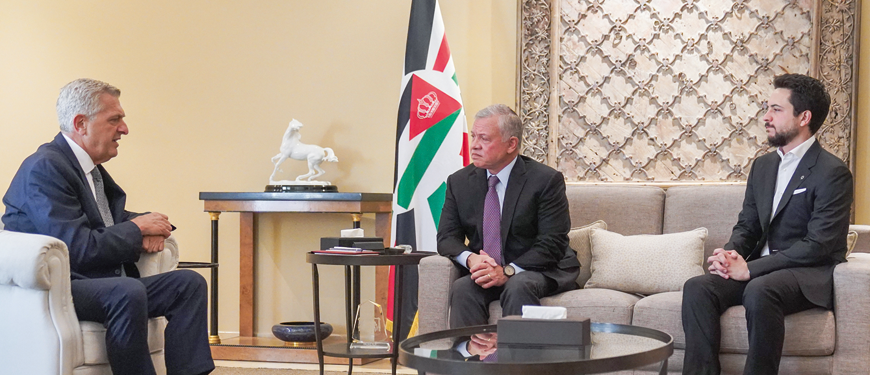 His Majesty King Abdullah meets with UN High Commissioner for Refugees Filippo Grandi, during a meeting attended by HRH Crown Prince Hussein, at Bayt Al Urdun on Tuesday (Photo courtesy of Royal Court)