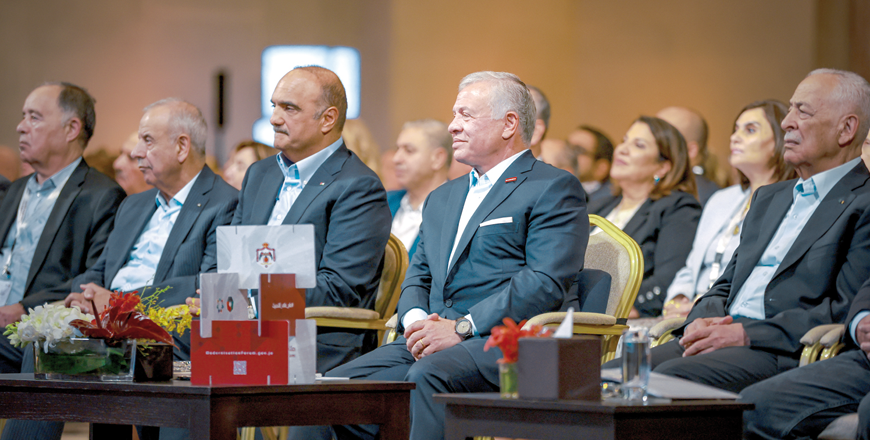 His Majesty King Abdullah attends the closing session of a two-day forum, held by the government at the King Hussein Bin Talal Convention Centre at the Dead Sea, to mark one year since the launch of economic and administrative modernisation, on Saturday (Photo courtesy of Royal Court)