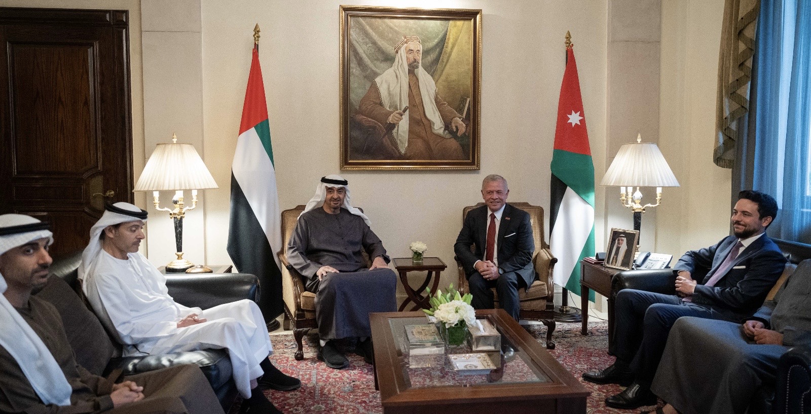 His Majesty King Abdullah and United Arab Emirates President Sheikh Mohamed bin Zayed Al Nahyan on Sunday hold talks that covered the deep-rooted ties between the two countries, as well as regional developments (Photo courtesy of Royal Court)