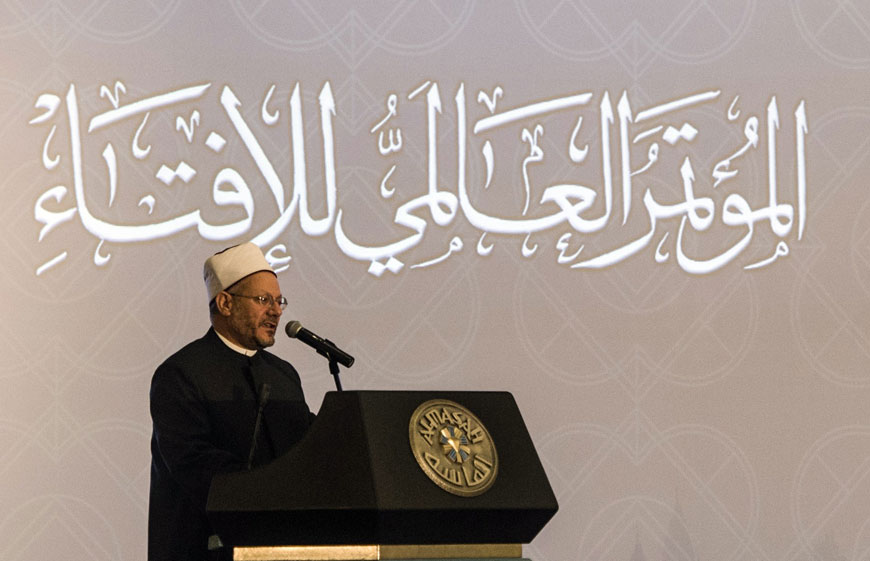 Shawki Ibrahim Abdel-Karim Allam, the Grand Mufti of Egypt, speaks during the opening session of the Fatwa international conference, attended by Arab Islamic clerics, in Cairo on Monday (AFP photo)