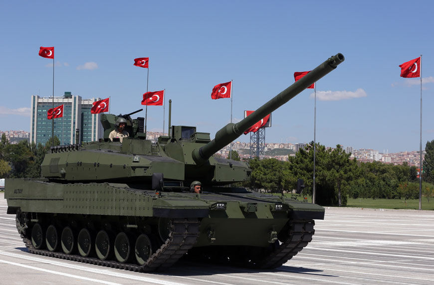 Turkey’s first military tank, the Altay, is seen during a military parade on Victory Day in Ankara, Turkey, Sunday. Turkish army’s 93-year-old victory over Greece was considered crucial in Turkish Independence War and the foundation of modern Turkish republic (AP photo)