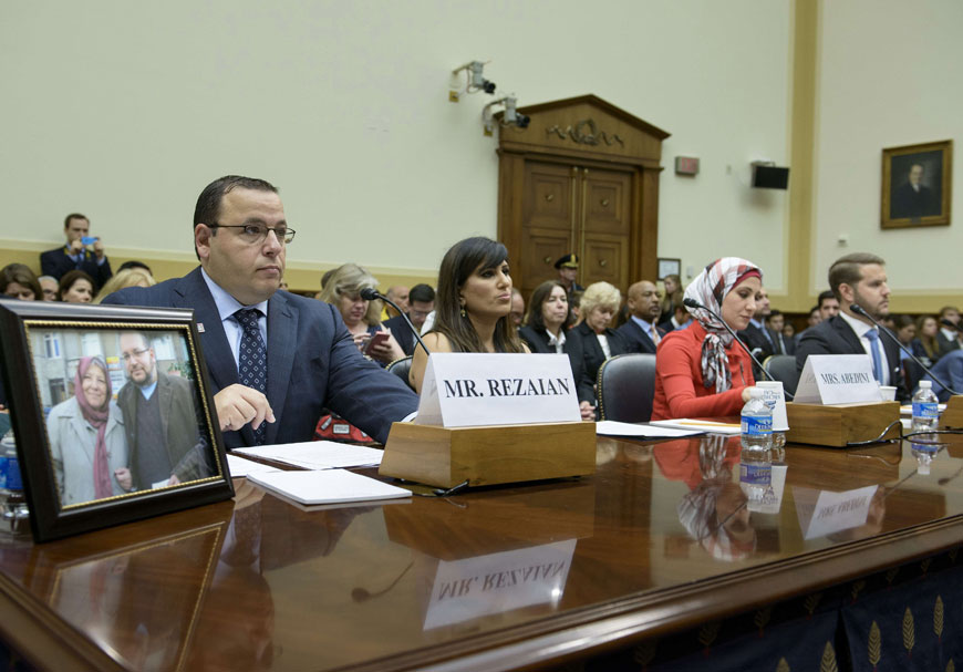 Left to right: Ali Rezaian, brother of Washington Post journalist Jason Rezaian, Nagameh Abedini, wife of Saeed Abedini, Sarah Hekmati, sister of Amir Hekmati,  and Daniel Levinson, son of Robert Levinson, listen during a hearing of the Foreign Affairs Committee on Capitol Hill in Washington on Tuesday (AFP photo)