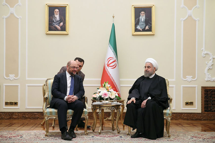 A handout photo provided by the office of Iranian President Hassan Rouhani shows him meeting with EU Parliament President Martin Schulz (left) in Tehran on Saturday (AFP photo/HO/Iranian Presidency)