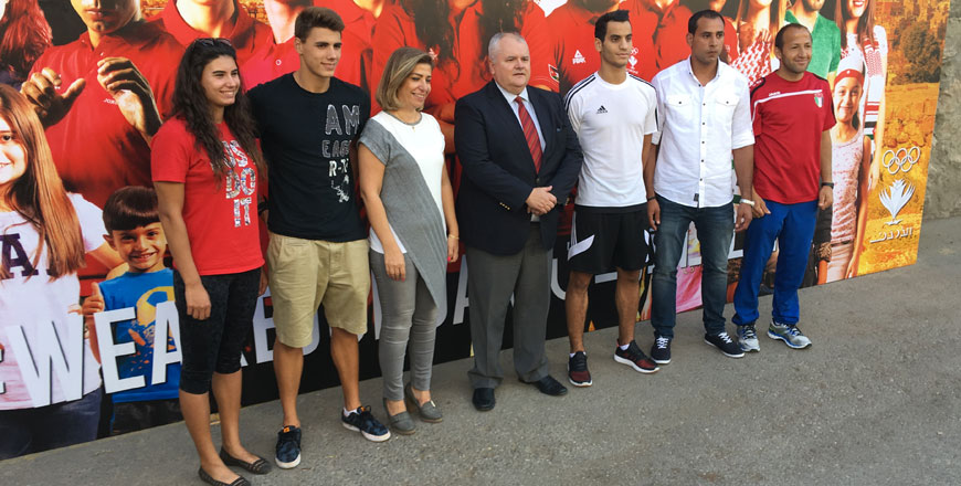 Brazil’s Ambassador to Jordan Francisco Carlos Soares Luz (centre) poses for a photo with a group of Jordanian athletes in Amman on Wednesday (Photo courtesy of Brazilian embassy)