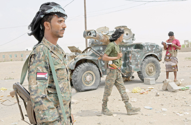 Fighters with the UAE-trained Security Belt Forces loyal to the pro-independence Southern Transitional Council, gather near the south-central coastal city of Zinjibar in south-central Yemen, in the Abyan governorate, on Wednesday (AFP photo)