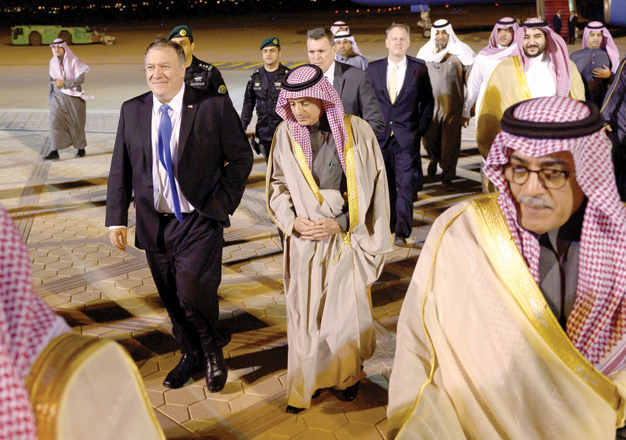 US Secretary of State Mike Pompeo (left) is welcomed by Saudi Arabia's Minister of State for Foreign Affairs Adel Al Jubeir in Riyadh, Saudi Arabia, on Sunday (Reuters photo)