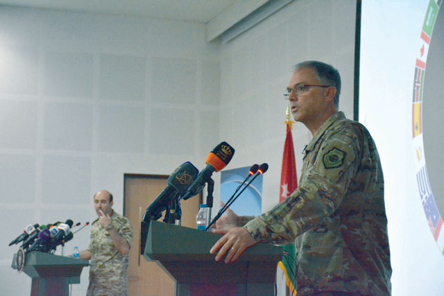The 2019 Eager Lion military drill spokesperson, Brig. Gen. Mohammad Thalji (right), and US Central Command’s Director of Exercises and Training Maj. Gen. Bradley A. Swanson are seen during a press conference announcing the launch of the 9th Eager Lion drill on Sunday (Photo by Amjad Ghsoun)
