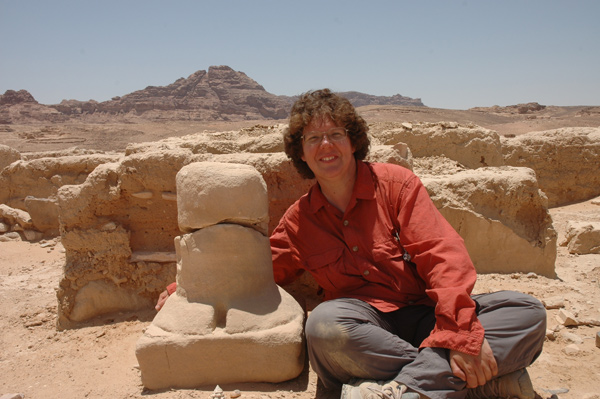 Canadian archaeologist Barbara Reeves poses for a photo near a betyl in Humayma, some 240km south of Amman  (Photo courtesy of Barbara Reeves)