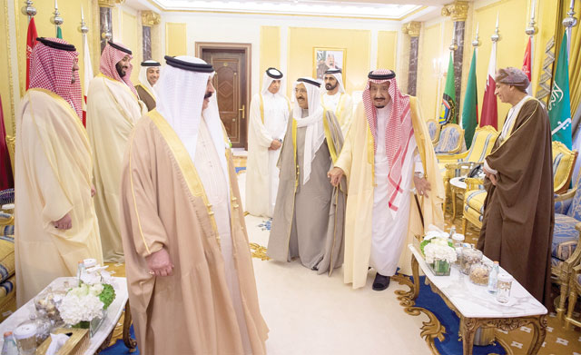 In this handout photo from the Saudi royal court, the Gulf Cooperation Council's leaders are seen ahead of their summit meeting in Riyadh, Saudi Arabia, on Sunday (Reuters photo) 