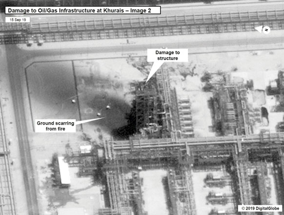 This satellite overview handout image obtained on Monday, courtesy of the US government, shows damage to oil/gas infrastructure from weekend drone attacks at Khurais oil field on Sunday in Saudi Arabia (AFP photo)