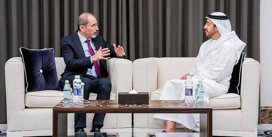 Foreign Minister Ayman Safadi meets with UAE’s Minister of Foreign Affairs and International Cooperation Sheikh Abdullah Bin Zayed Al Nahyan in Abu Dhabi on Sunday (Photo courtesy of Foreign Ministry)