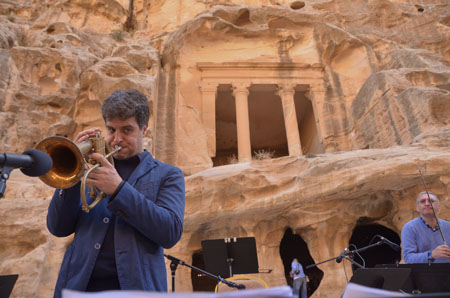 Italian trumpet player and composer Luca Aquino records a musical composition in Little Petra (Photo courtesy of UNESCO)