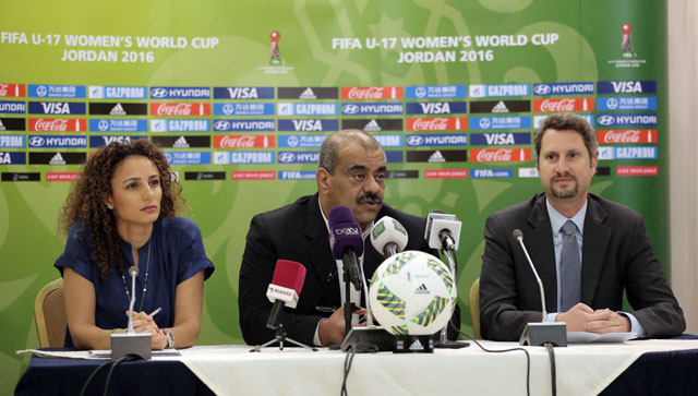Salah Sabra, vice president of the Jordan Football Association, speaks during a press conference in Amman on Wednesday on the FIFA U-17 Women’s World Cup, which will be held in Jordan later this year (Photo courtesy of Local Organising Committee)