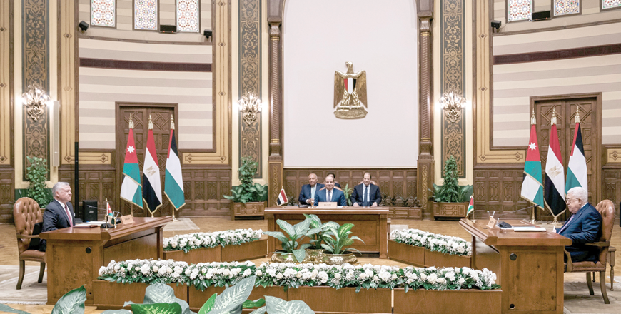 His Majesty King Abdullah, Egypt President Abdel Fattah Al Sisi and Palestinian President Mahmoud Abbas hold a trilateral summit in Cairo on Tuesday (Photo courtesy of Royal Court)