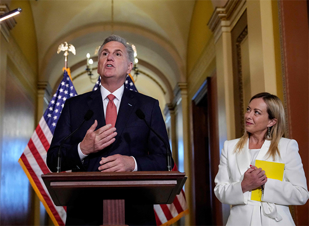 Speaker of the House Kevin McCarthy and Italian Prime Minister Giorgia Meloni speak to reporters after a meeting in McCarthy's office at the US Capitol on Thursday in Washington, DC (AFP photo)