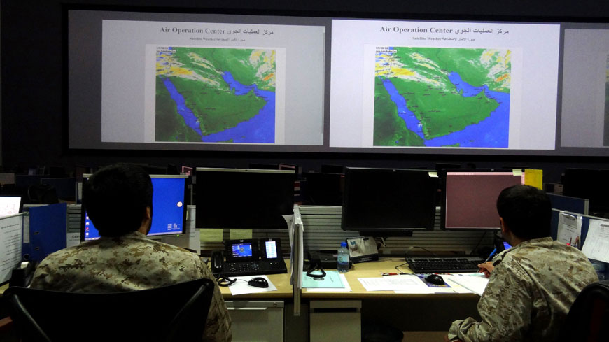 Saudi officers monitor air operations over Yemen at the Command and Control Centre at King Salman Air Base in Riyadh, on Saturday (AFP photo)
