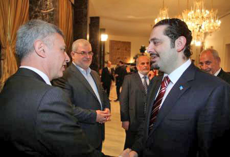 Lebanon’s then-prime minister Saad Al Hariri (right) chats with Lebanese Christian politician and leader of the Marada Party Suleiman Franjieh (left) as Head of Hizbollah’s parliamentary bloc Mohamed Raad (2nd left), MP Assaad Hardan (centre) and Lebanon’s Parliament Speaker Nabih Berri listen to them during a new session of the national dialogue between political leaders at the Presidential Palace in Baabda, near Beirut in this file April 15, 2010 photo (Reuters photo)