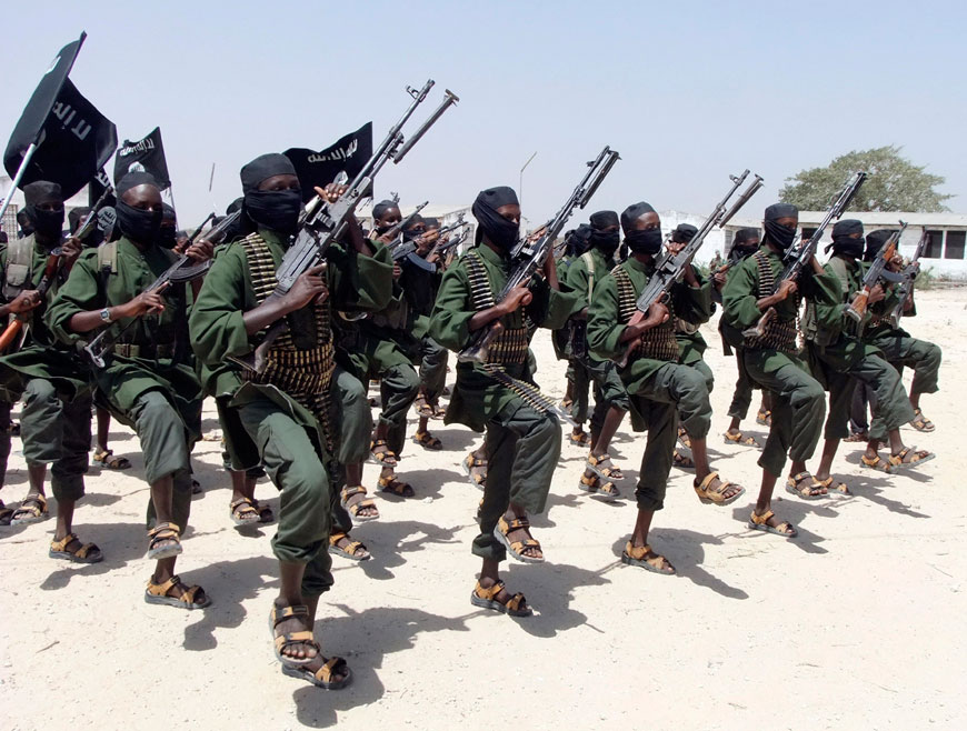 In this February 17, 2011 file photo, hundreds of newly trained Al Shabab fighters perform military exercises in the Lafofe area, some 18 km south of Mogadishu, in Somalia (AP photo)