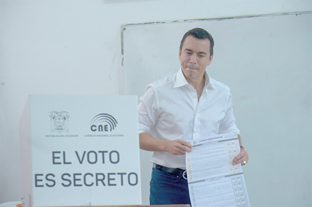 Ecuador’s President Daniel Noboa votes at a polling station in Olon, Santa Elena province, Ecuador, on Sunday, during a referendum on tougher measures against organised crime (AFP photo)