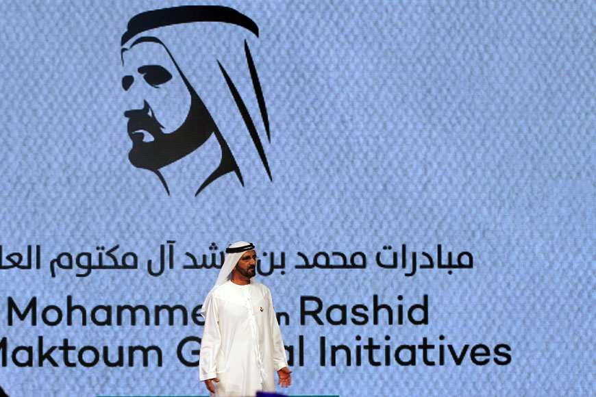 Sheikh Mohammed Bin Rashid Al Maktoum, the UAE prime minister and the ruler of Dubai, announces the launch of the Mohammed Bin Rashid Al Maktoum Global Initiatives project at the Emirates Towers, in Dubai, on Sunday  (AP photo)