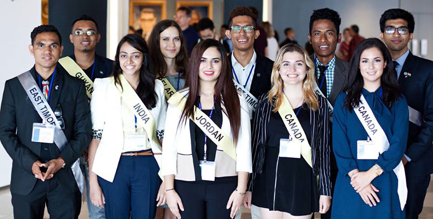 Ayat Amer, a NASA internship winner, poses for a group photo at the UN headquarters in September with other young people representing their countries at the meetings of the international organisation (Photo courtesy of Ayat Amer)