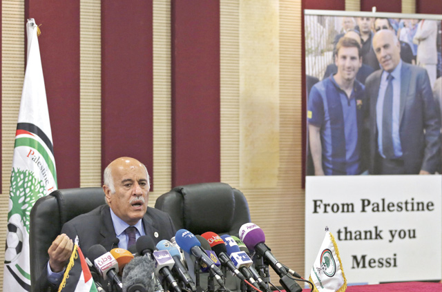 Jibril Rajoub, the head of the Palestinian Football Association, speaks during during a press conference in the West Bank city of Ramallah on Wednesday (AFP photo)
