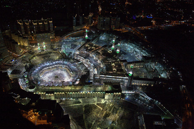 An aerial view shows Muslim worshippers praying at the Grand Mosque, the holiest place in Islam, in the holy city of Mecca during Ramadan, on Lailat Al Qadr, or Night of Power, Saudi Arabia, on Friday (Reuters photo)