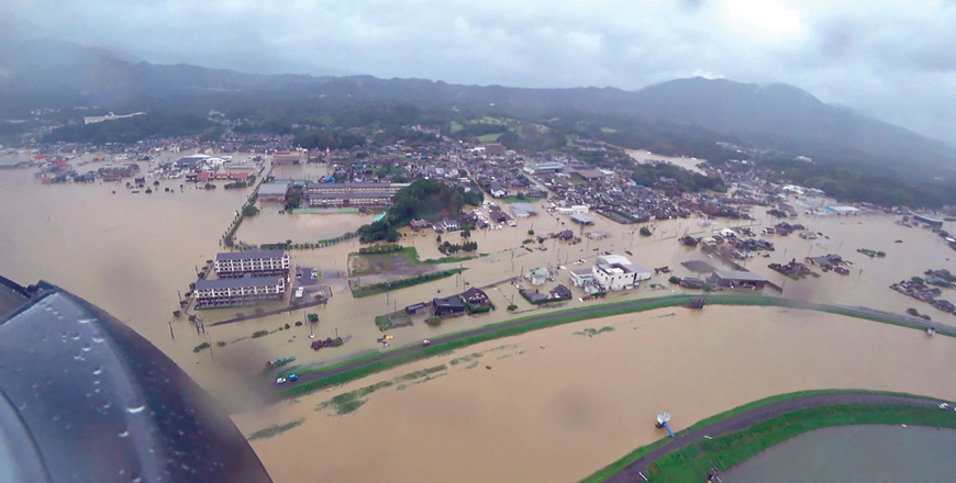 This handout photo taken on Saturday and received by Jiji Press from Saga Prefecture shows an aerial view of flooded residential area by the overflowing of the Rokkaku River in Takeo City, Saga Prefecture (AFP photo)