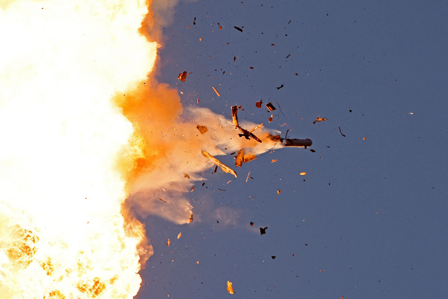This photo taken from a position in northern Israel shows a Hizbollah UAV intercepted by Israeli air forces over north Israel on August 25, 2024 (AFP photo)