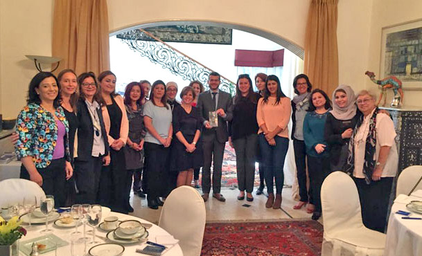 French Ambassador David Bertolotti poses for a group photo with Jordanian French teachers in Amman on Sunday (Photo courtesy of the French embassy in Amman)
