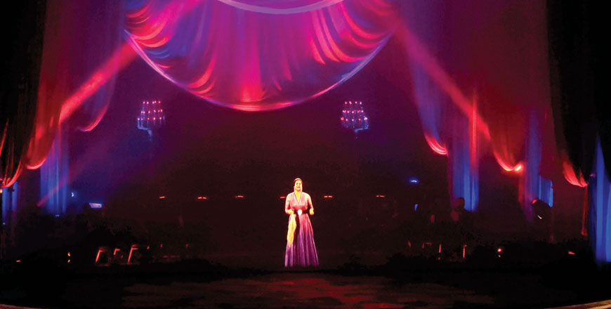A hologram of legendary Egyptian singer Umm Kulthum is projected on stage at Cairo Opera House in Cairo, late on Friday, about 45 years after the singer's death (AFP photo)