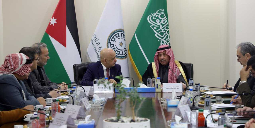 Chairman of the Jordan Chamber of Commerce Khalil Hajj Tawfiq on Tuesday meets with Saudi Ambassador to Jordan Naif Bin Bandar Al Sudairi to explore ways to enhance economic relations between the two countries (Petra photo)