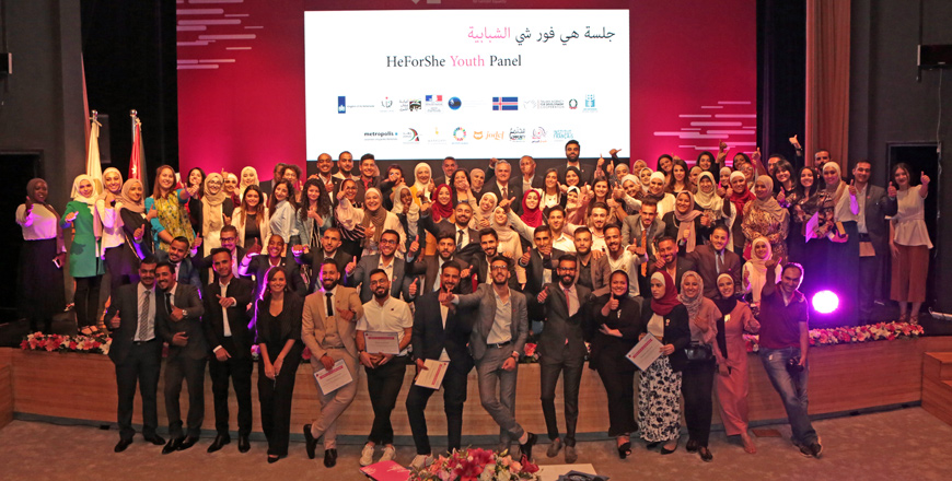   Participants of the UN Women’s HeForShe initiative pose for a photo during a ceremony to conclude phase II of the project on Monday  (Photo courtesy of HeForShe Jordan)