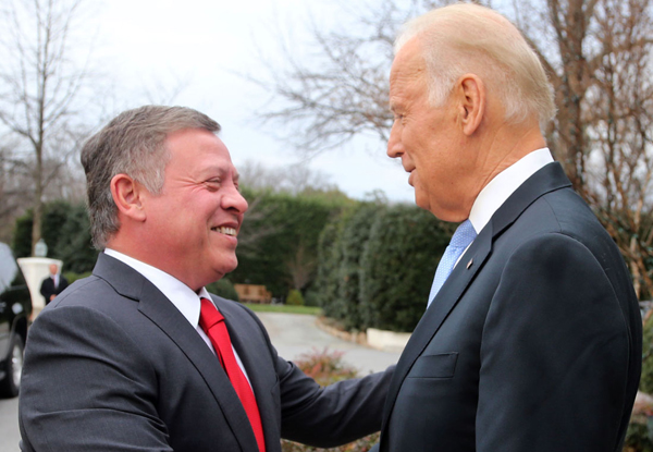 His Majesty King Abdullah is received by US Vice President Joe Biden in Washington, on Tuesday (Photo courtesy of Royal Court)