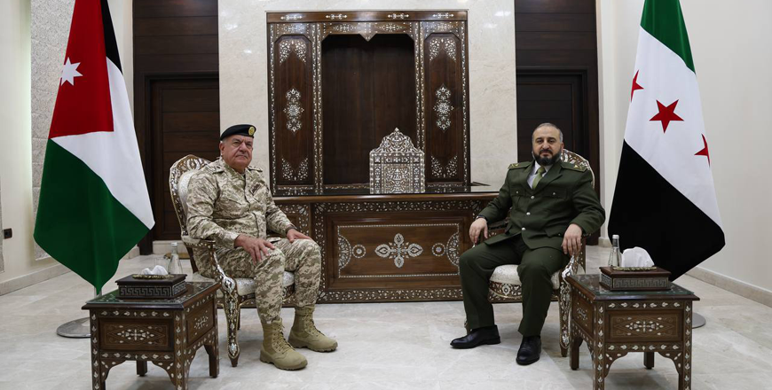 Chairman of the Joint Chiefs of Staff Maj. Gen. Yousef Huneiti meets on Wednesday with Syrian Defence Minister Merhaf Abu Qasra in Damascus for high-level talks on military cooperation between the two countries (Photo courtesy of JAF)