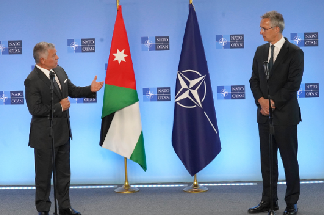 His Majesty King Abdullah meets with NATO Secretary General Jens Stoltenberg in Brussels on Wednesday (Photo courtesy of Royal Court)