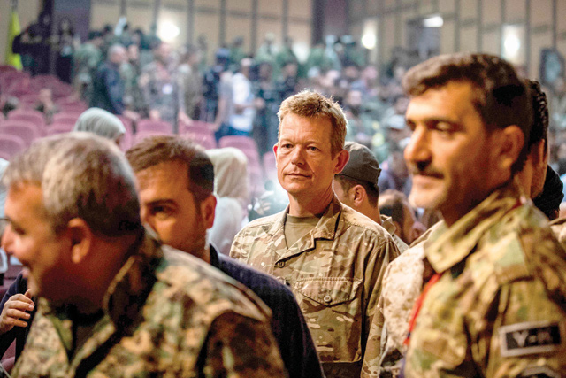 Brigadier-General Nicholas Pond (centre), a representative of the US-led coalition fighting the Daesh group, attends a meeting with commanders of the Syrian Democratic Forces in the north-western Syrian city of Hasakah, in the province of the same name, on Saturday (AFP photo)