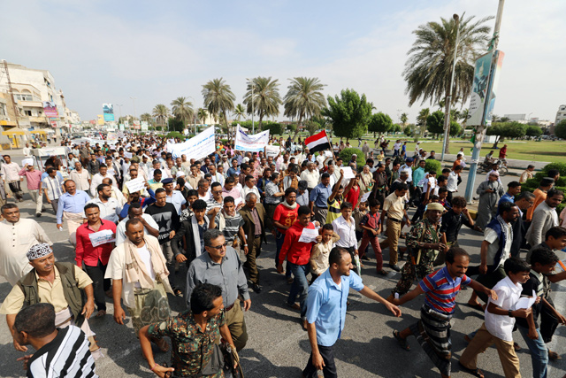 Pro-Houthi protesters demonstrate to demand the opening of humanitarian corridors in Hodeida, Yemen, on Monday (Reuters photo)