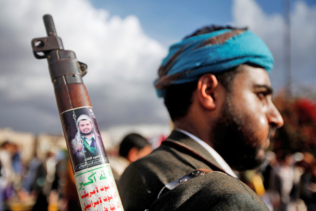   A Houthi supporter attends a rally to mark the first anniversary of the killing of Saleh Al Sammad, who was the head of Houthi movement's Supreme Political Council, by an air strike, in Sanaa, Yemen, on Friday (Reuters photo)