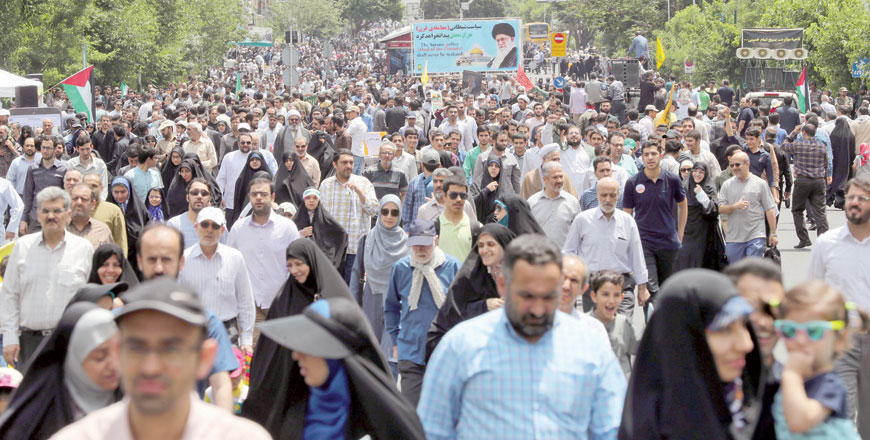 In this photo provided by Tasnim News Agency, Iranians take part in a protest marking the annual Al Quds International Day (Jerusalem Day) on the last Friday of the holy month of Ramadan in Tehran, Iran, on Friday (Reuters photo)