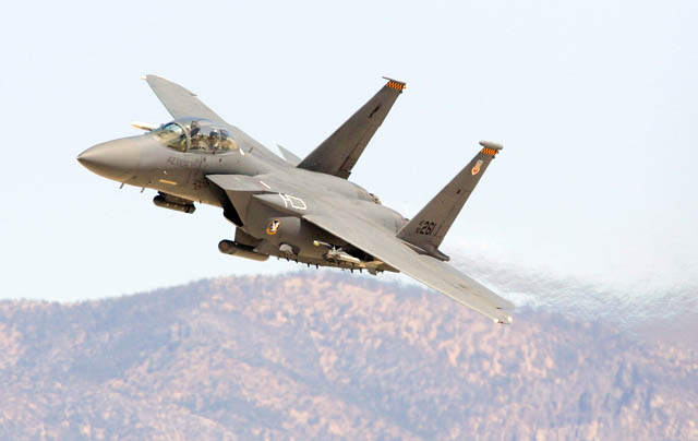 This file photo taken on September 14, 2007, shows an F-15E Strike flying during a US Air Force firepower demonstration at the Nevada Test and Training Range near Indian Springs, Nevada. A US warplane shot down an Iran-made drone operated by pro-regime forces in southern Syria early on Tuesday, officials said, the second such incident in less than two weeks (AFP photo)