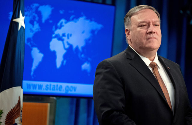   US Secretary of State Mike Pompeo announces that the US will designate Iran's Islamic Revolutionary Guard Corps as a foreign terrorist organisation during a press conference at the State Department in Washington, DC, on Monday (AFP photo)