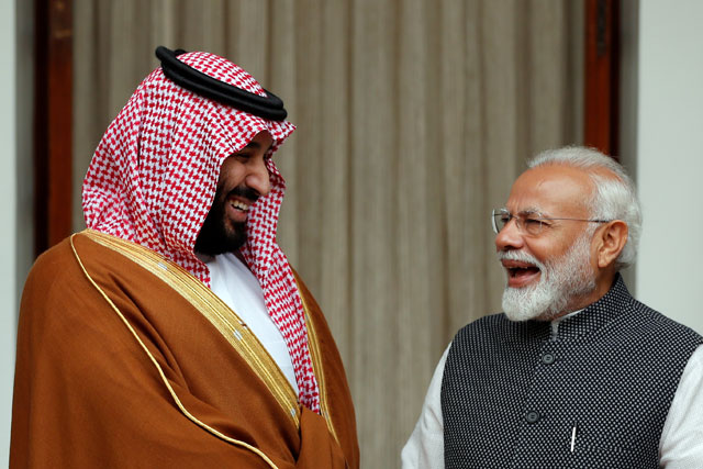 Saudi Crown Prince Mohammed Bin Salman and Indian Prime Minister Narendra Modi meet at Hyderabad House in New Delhi, India, on Wednesday (Reuters photo)