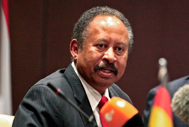 Sudan's Prime Minister Abdalla Hamdok speaks during a joint press conference with German Foreign Minister Heiko Maas (not pictured) in Sudan's capital Khartoum on Tuesday (AFP photo) 