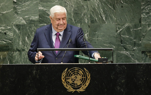 Syria's Foreign Minister Walid Muallem arrives to speak at the 74th United Nations General Assembly on Saturday in New York City (AFP photo)