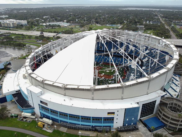 A drone image shows the dome of Tropicana Field which has been torn open due to Hurricane Milton in St. Petersburg, Florida, on October 10, 2024 (AFP photo)